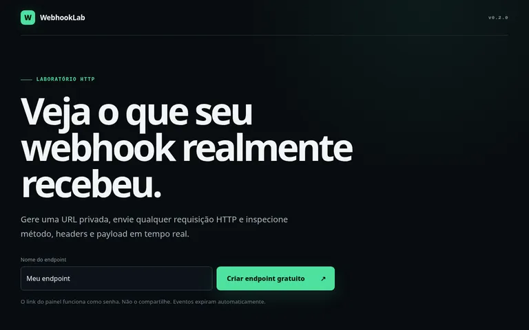 Página pública de WebhookLab